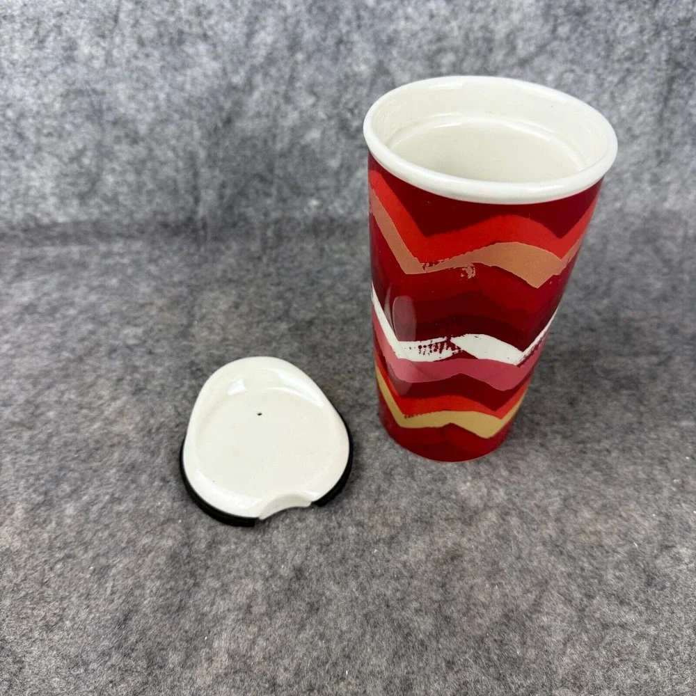 Starbucks Ceramic Travel Tumbler‎ Coffee Red Pink Gold Chevron 10 Oz  2014